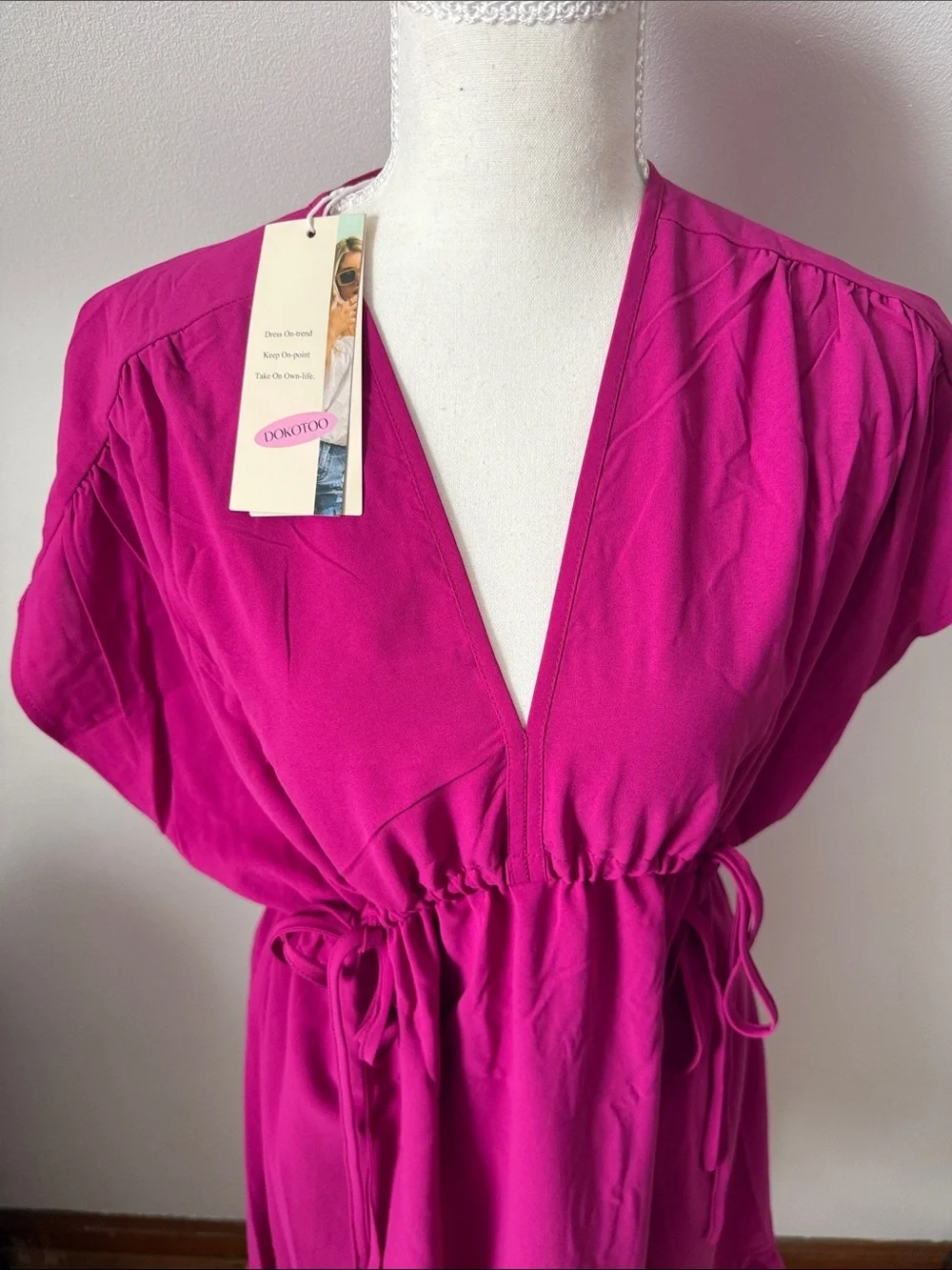 Dokotoo Fuchsia V-Neck Drawstring Midi Dress